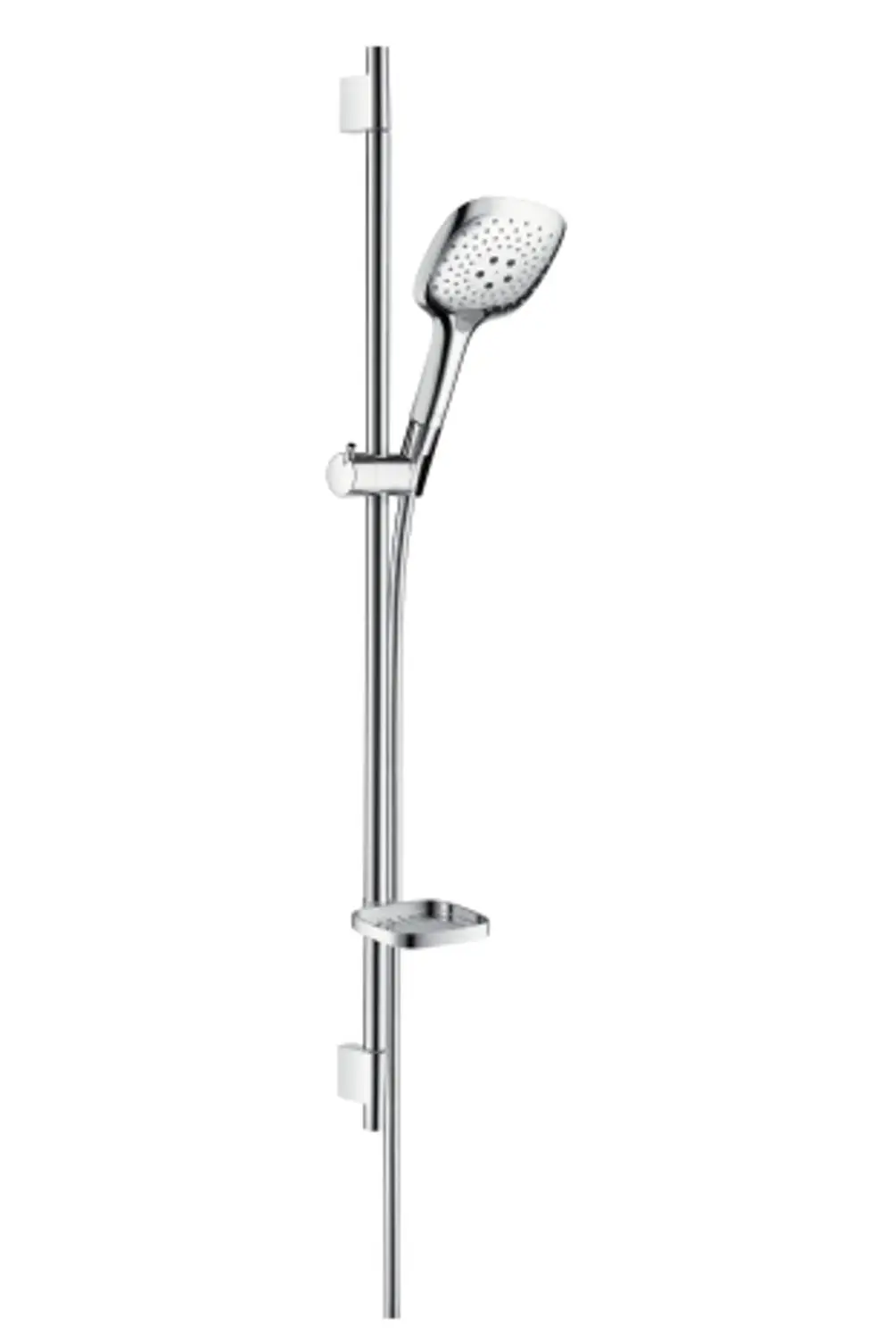 Hansgrohe Duschset mit verstellbarer Handbrause, montiert an einer vertikalen Brausestange, inklusive einer Seifenschale, alles in chromfarbener Oberfläche.